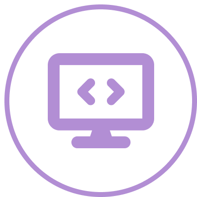Icon representing development and testing with a desktop monitor and code brackets.