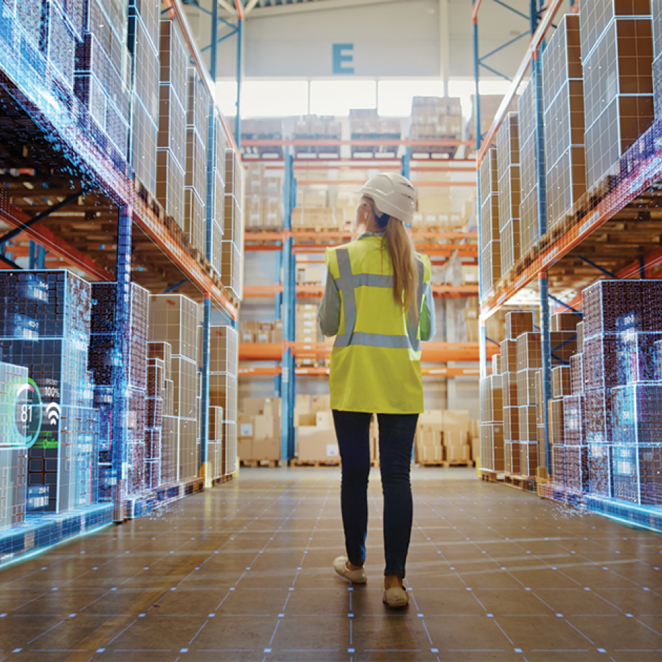 Woman navigating through a visually enhanced inventory area in an e-commerce store.