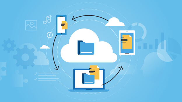 3 devices around a cloud with a file to show cloud storage and how you can use file sharing